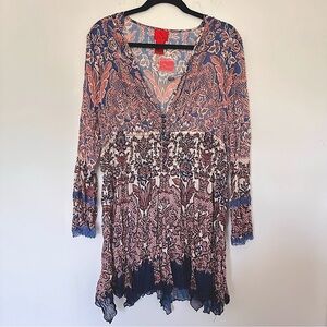 V Cristina Bohemian (XL) Sheer Embellished Tunic Top/Dress - Longsleeve, Printed